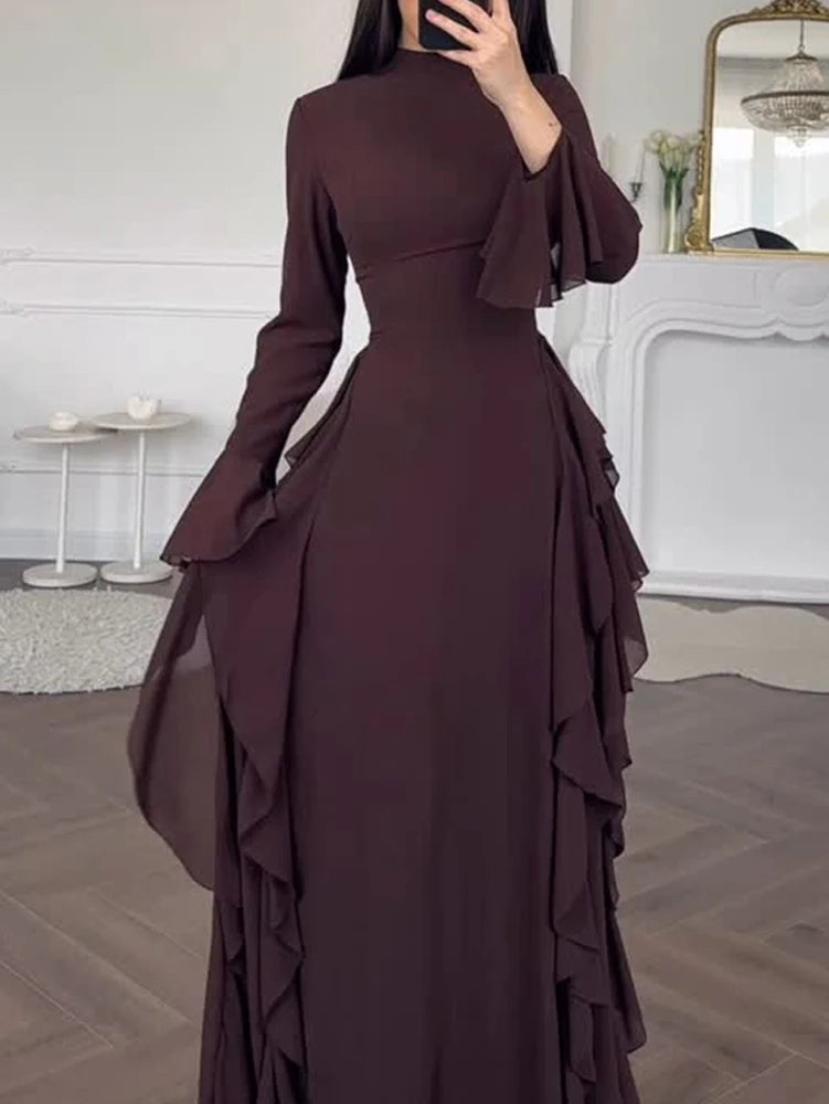 2025 European and American Women's Elegant Casual High-Waisted Solid-Colour Bell-Sleeve Dress Long Dress with Long Sleeves
