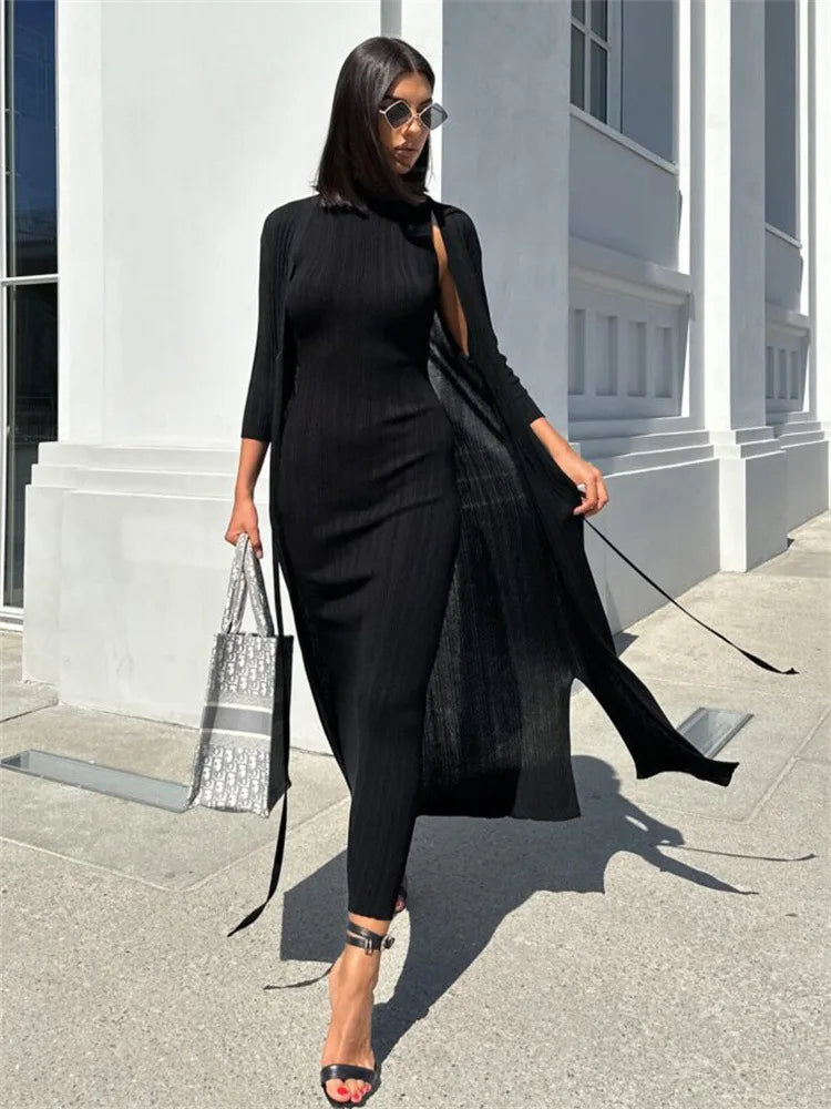 2025 Spring Sleeveless Knitwear Turtleneck Long Dress Female Slim Elegant Fashion Autumn Ribbed Knit Dress For Women Maxi Dress