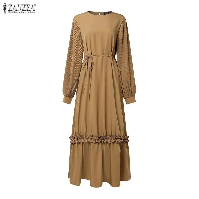 ZANZEA Modest Hijabs Abaya Long Dresses Women Muslim Ramadan O-Neck Pleated Lantern Sleeve Solid Color Ruffles A-Line Robes 3XL