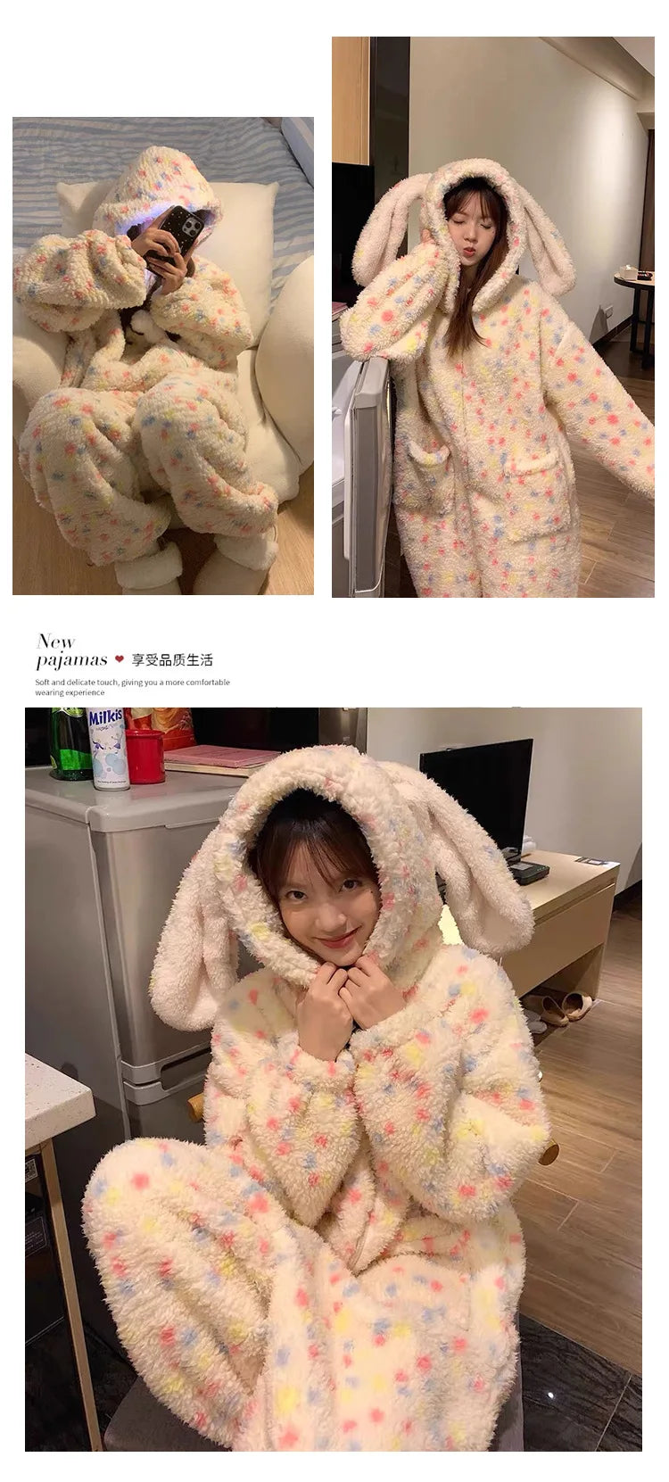 Rabbit Ears Onesie Pajamas Girl's Coral Fleece Thickened Sweet Hooded Nightgown Women's Homewear Long Sleeve Homeclothes Winter