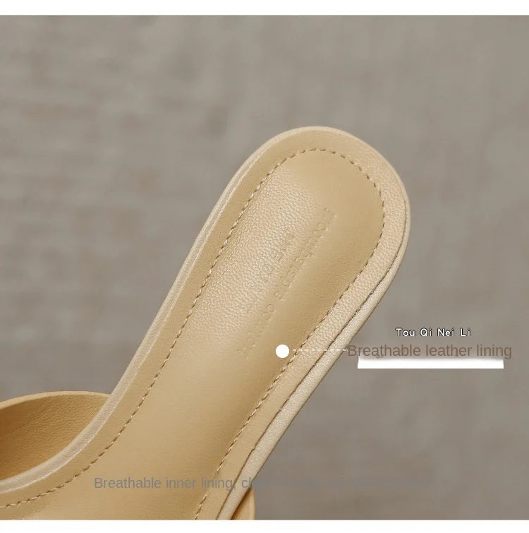 Genuine Leather French Slim Heel Slippers for Women's Summer New Fashionable Sandals Women Sweet Round Toe Slipper Ladies Shoes