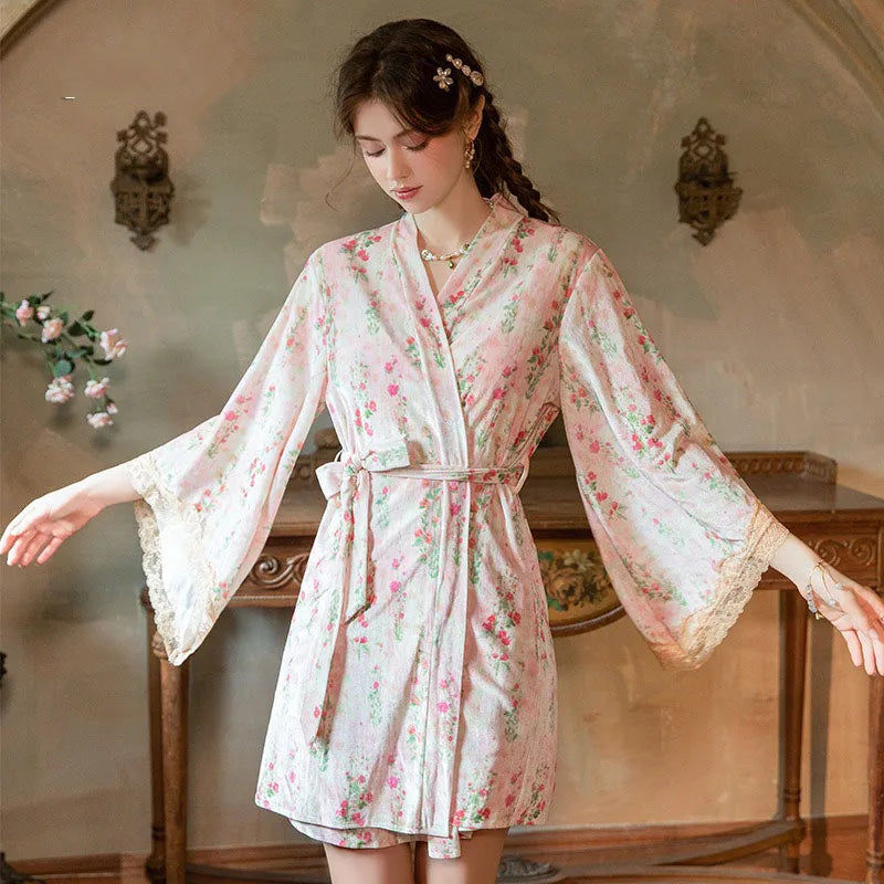 Velvet floral Nightgown Set deep V temptation with chest cushion sling dress and robe set sweet homewear Phoentin FG710