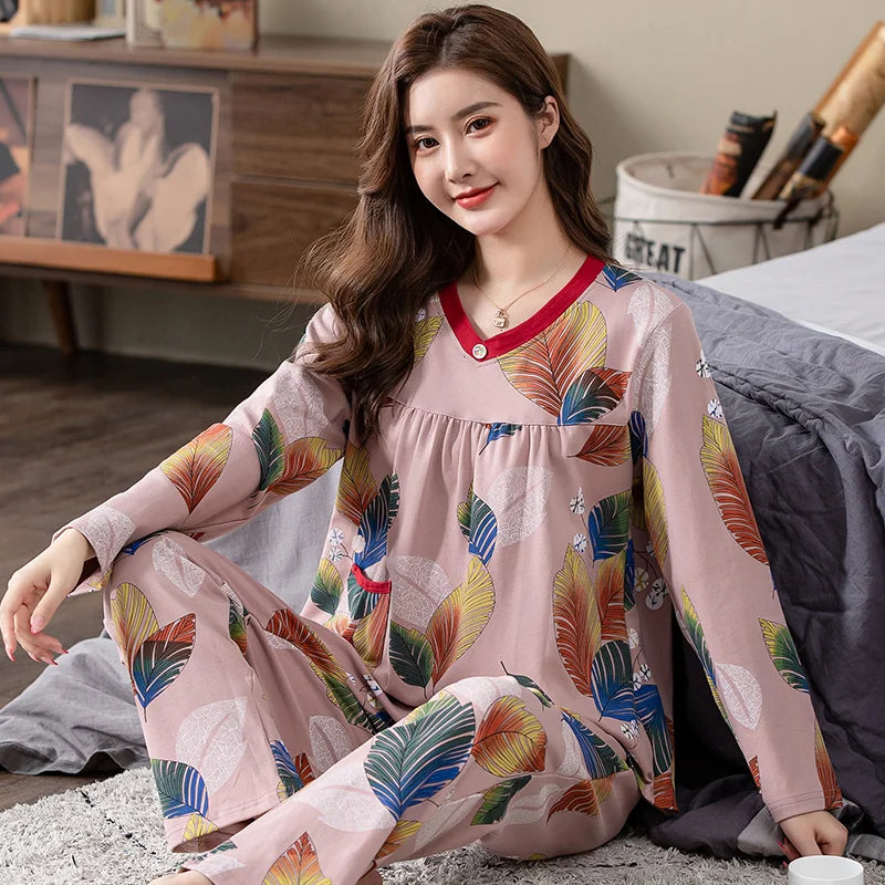 Pajamas Sets Women Floral Cotton Fashion Lace Women Long Sleeve Sleepwear Suit 2 piece Sexy Autumn Home Lounge Gift XXXXL