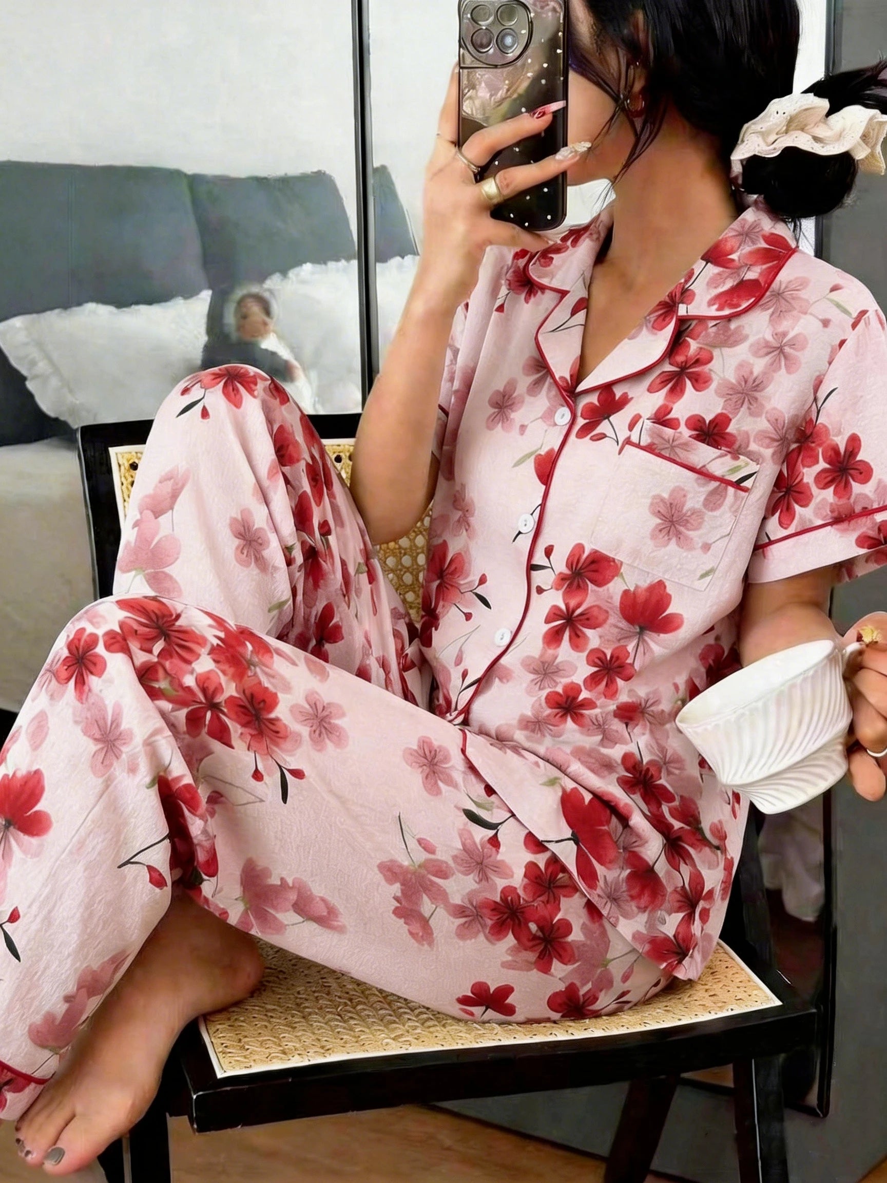 Womens Floral Printed Pajamas Set, Short Sleeve Button Down Sleep Shirts & Pants, Soft Breathable Loungewear