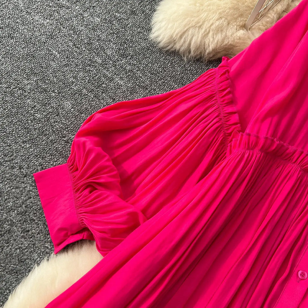 Pleated Dress Women Long Dresses A Line Vestidos Streetwear Lantern Sleeve Elegant Splice Y2k Single Breasted Loose Summer 2025