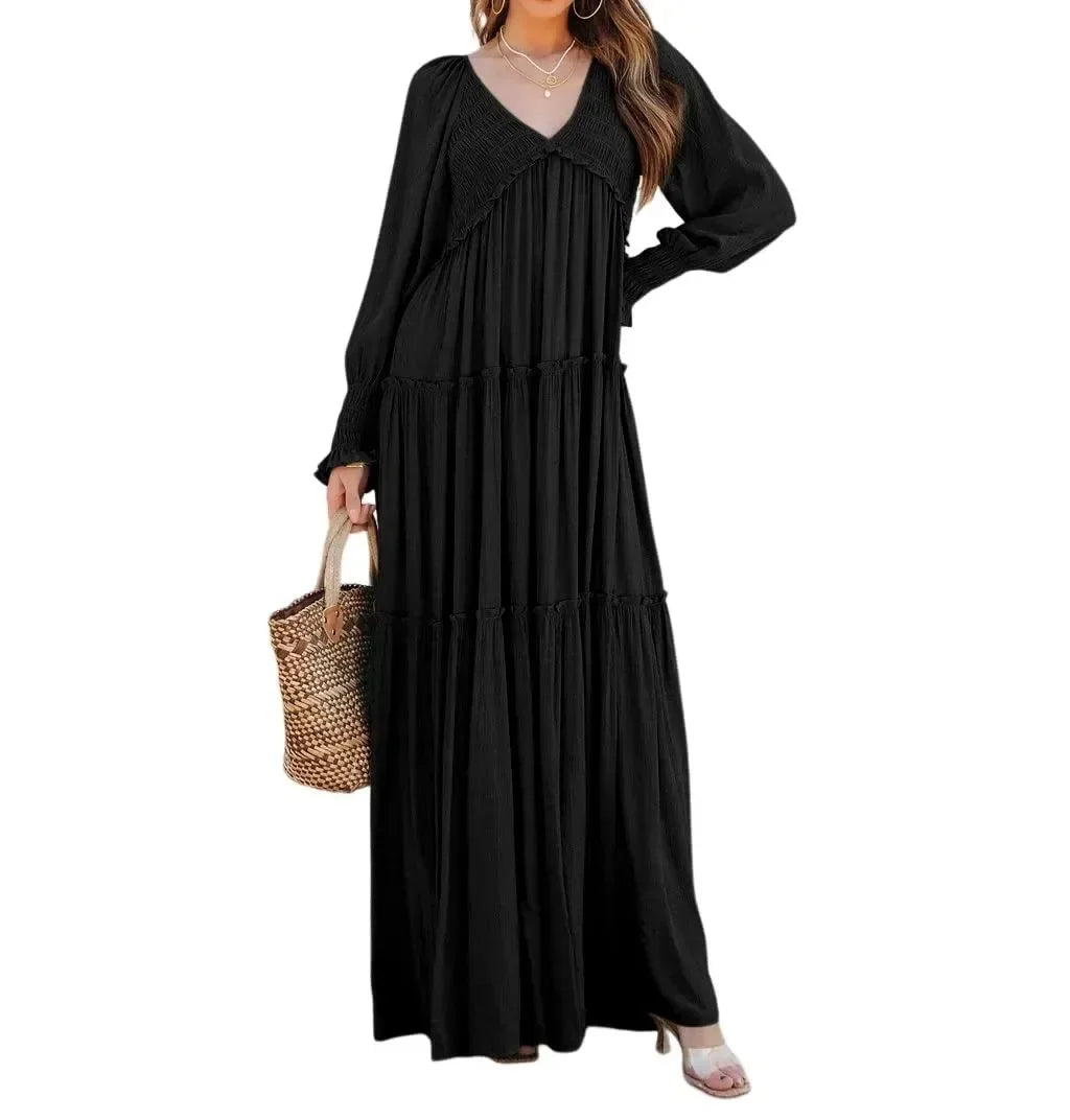 Long Dress Women Vintage V Neck Long Sleeve Dresses Loose Y2k High Waist Shirring Casual Summer Loose 2025 Elegant Slight Strech
