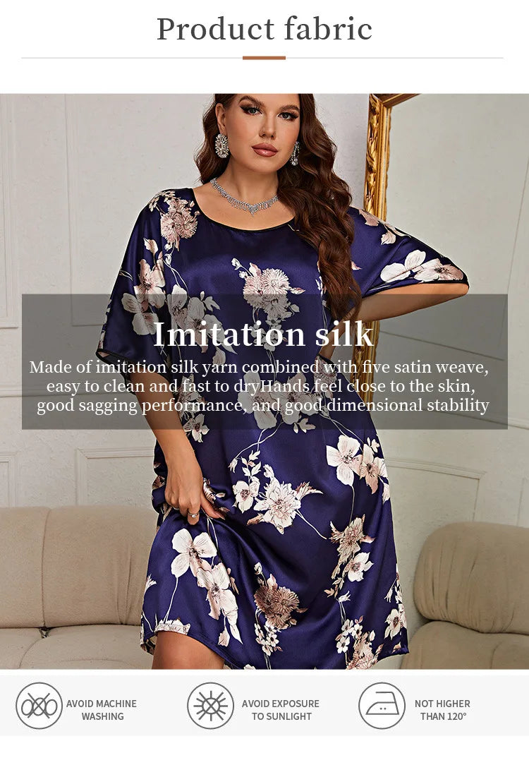 LX New plus size sleepwear, women's mid to long print pullover dress, home wear, silk ice silk nightgown