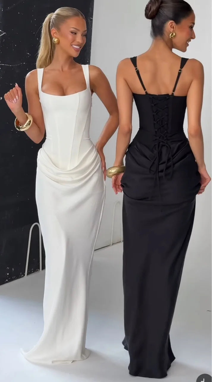 Suninheart White Women's Maxi Dress Elegat Lace Up Dress Slim Formal Wedding Guest Party Dress