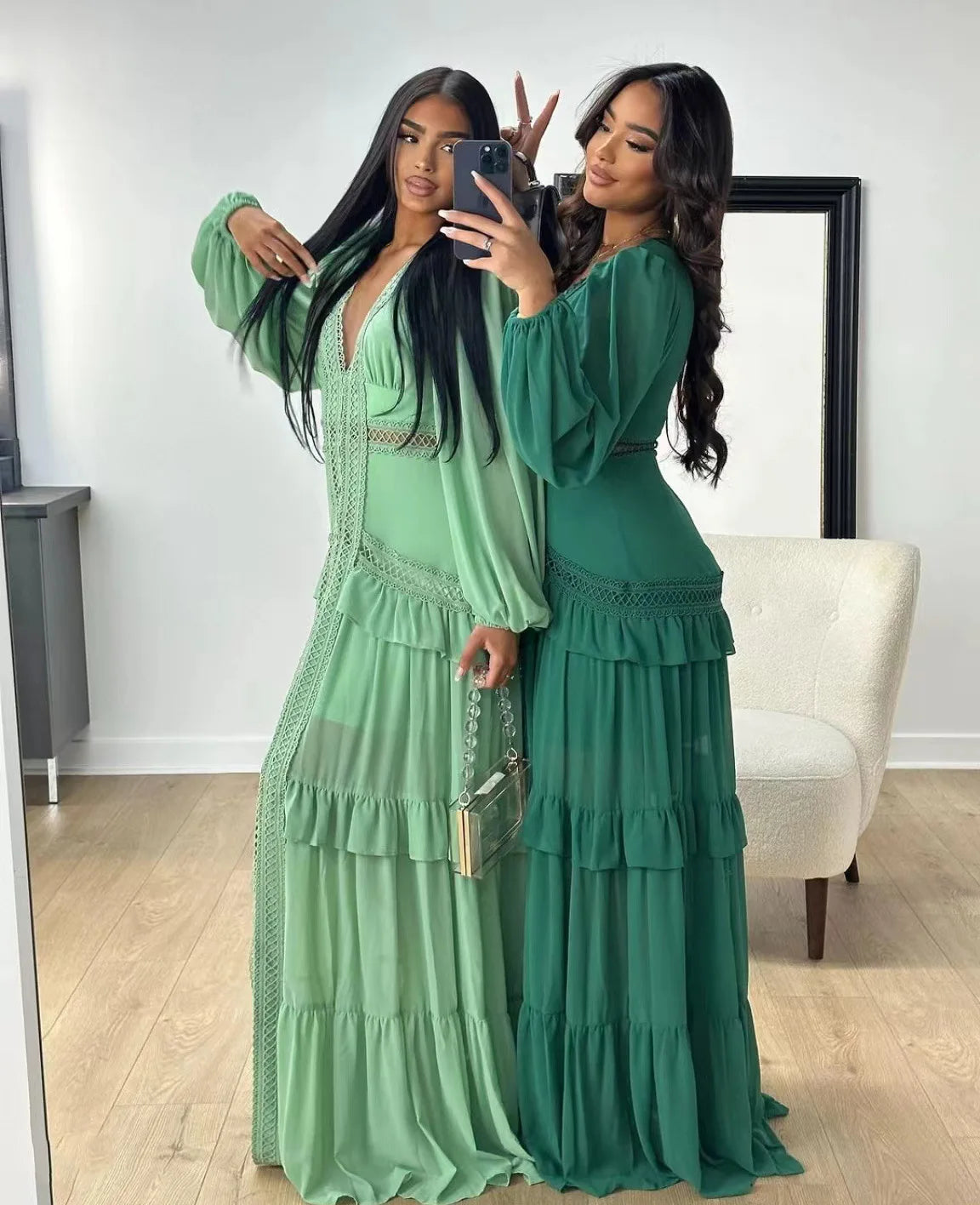 Elegant Womens Maxi Dress Ruffles Long Sleeve Hollow Out Evening Dresses Party Chic Robe Green Blue Purple New In Holiday Summer