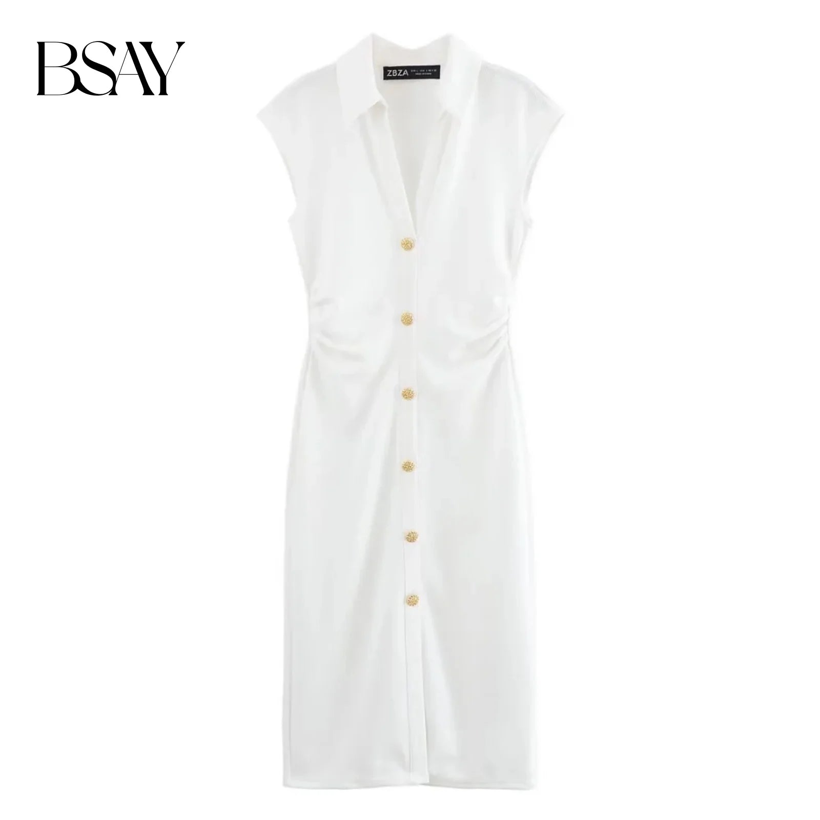 BSAY Dress for Women Fashion Summer New Fold Sleeveless V-neck Single Breasted Midi Dresses French Chic Female Evening Clothing