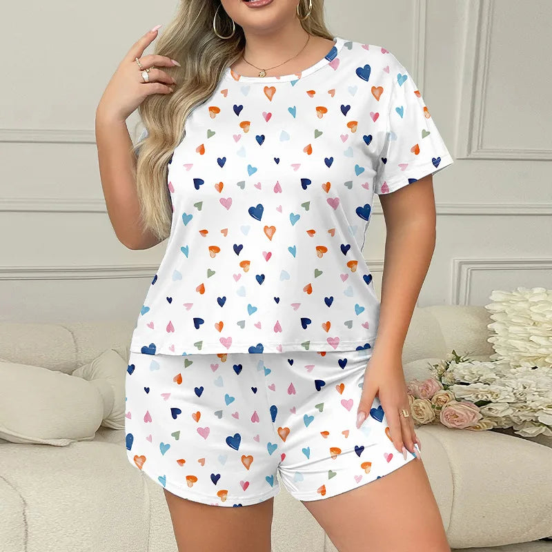 5XL Plus Size Women Pajama Set Print Sleepwear Short Sleeve Top with Shorts Summer Comfy Sleepwear 2 Pieces Loose Home Clothes