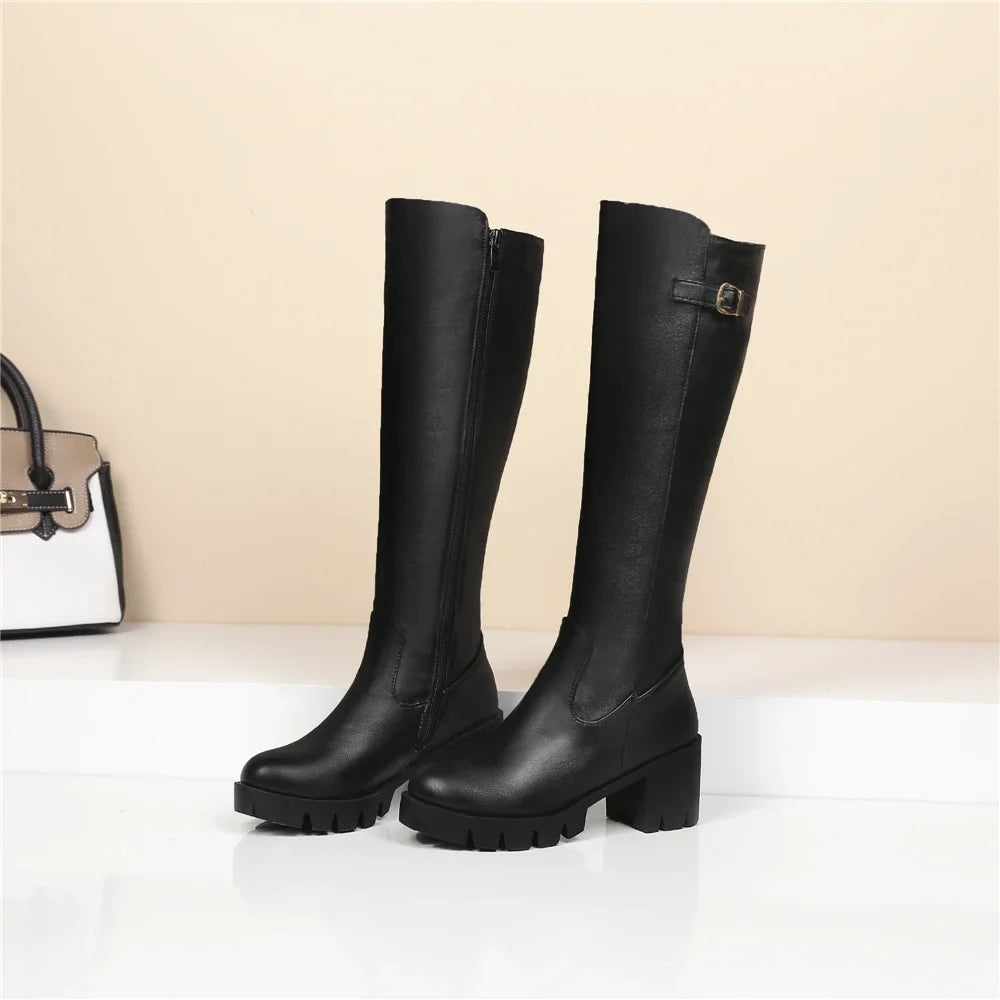 Casual Women Platform Snow Boots Buckle Women Knee High Boots Warm Fur Winter Riding Boot Female Black Brown Shoes Large Size 45