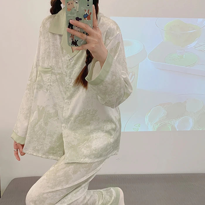 2024 New Ice Silk 2 Pieces Pajamas for Women Autumn Spring Women's Pajamas Set Elegant Ptinting Flower Home Wear Soft Sleepwear