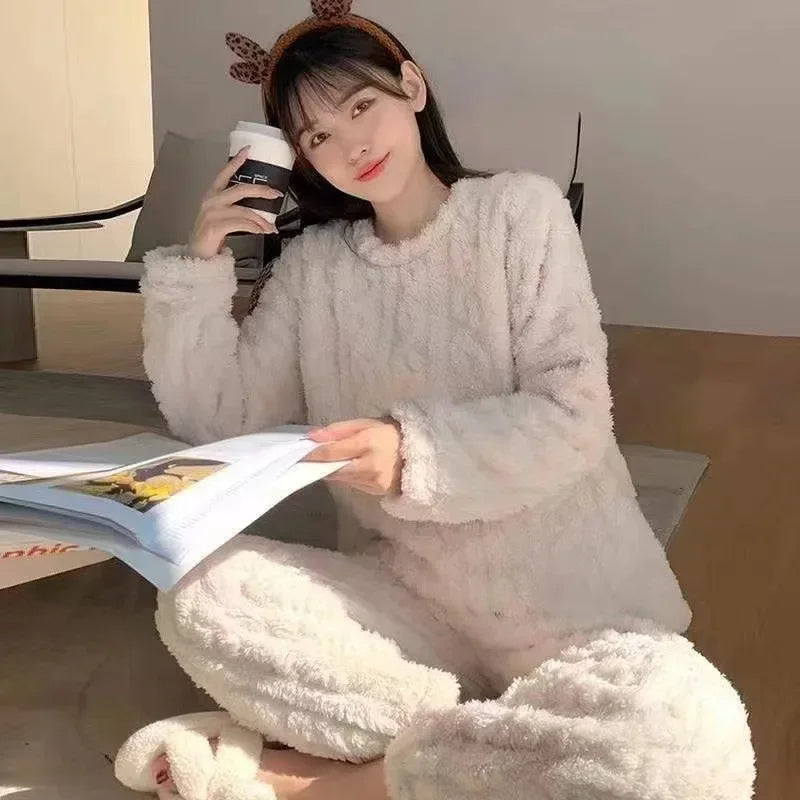 Ensemble pyjama épais et chaud en molleton de corail pour femme, vêtements de maison imprimés de dessins animés, vêtements de nu