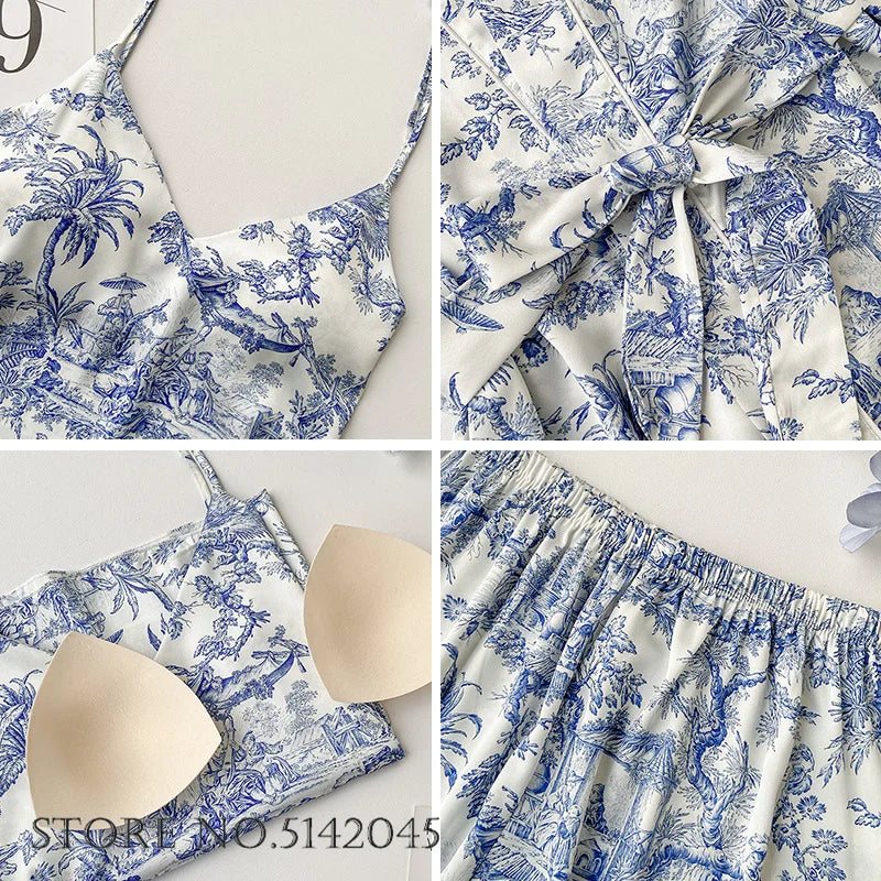 Women Sleepwear 3PCS Pajamas Set Lingerie Print Flower Bath Robe Gown Nightwear Summer Loose Satin Lounge Wear Home Clothes