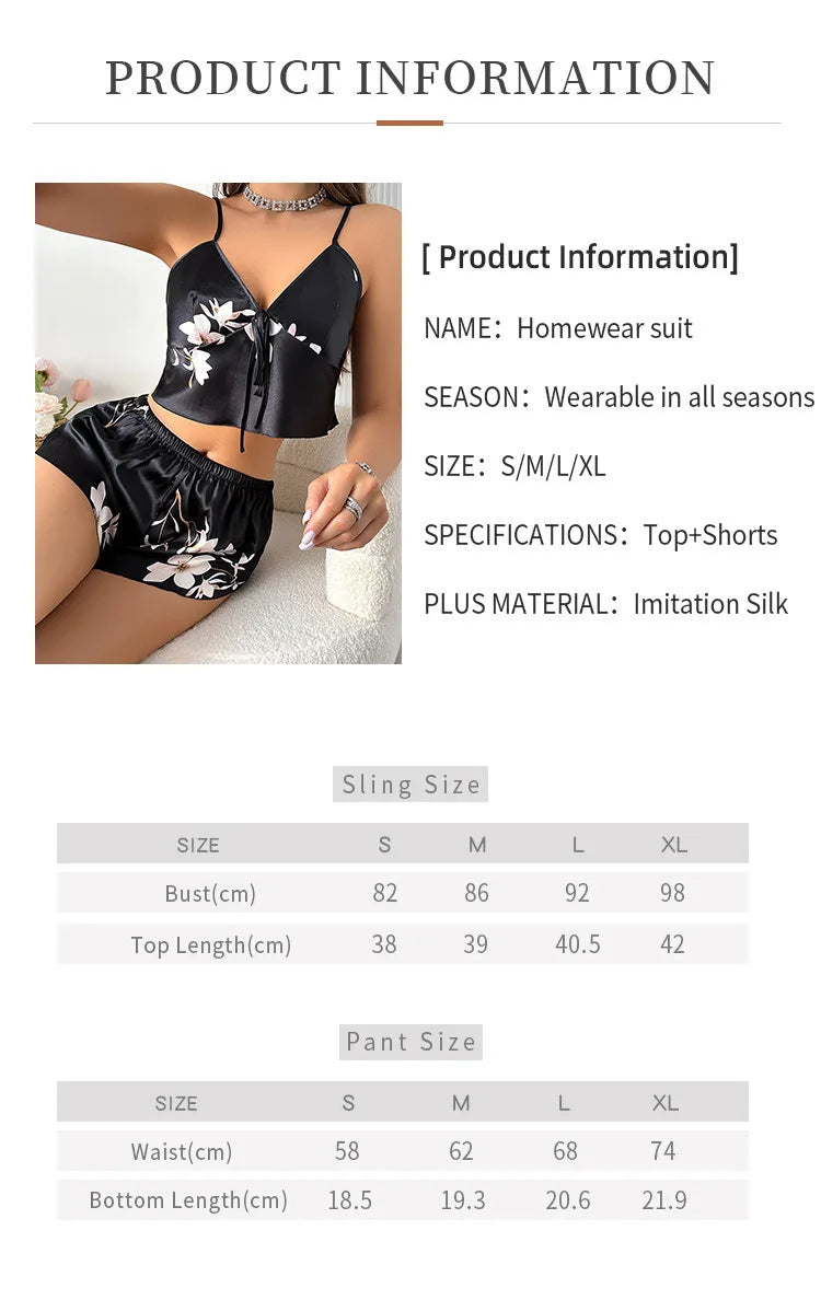 2025New Womens Sexy Floral Satin Pajama Set V Neck Tie Front Cami Crop Top Shorts Two Piece Sleepwear Loungewear Spaghetti Strap