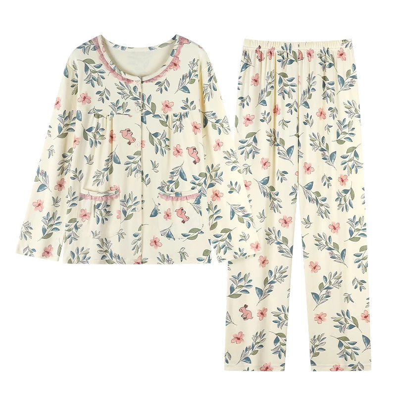 Women Small Flower Pajamas Set Big Yards Pijamas Mujer Autumn Sweet Cute Princess Long Sleeve Cardigan O-Neck Nightwear Homewear