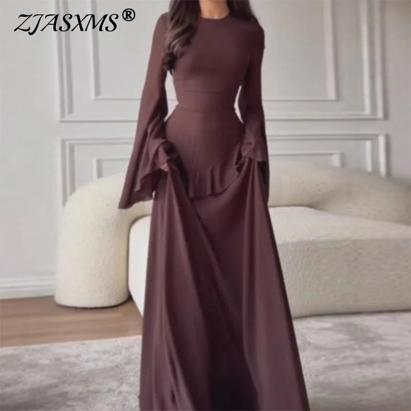 Robes for Woman Elegant O Neck Solid Ruffles Party Pleated Dress Spring Autumn Flare Sleeve Tie-up Slim Female Clothing Vestidos