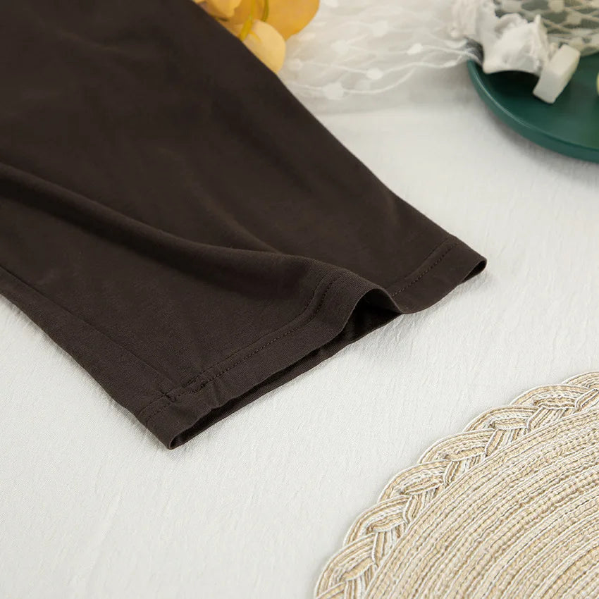 New 2026 Brown Loose Female Sleepwear Suit O-Neck Nightgowns Long Sleeve Nightwear Wide Leg Pants Women's Pajamas 2 Piece Set