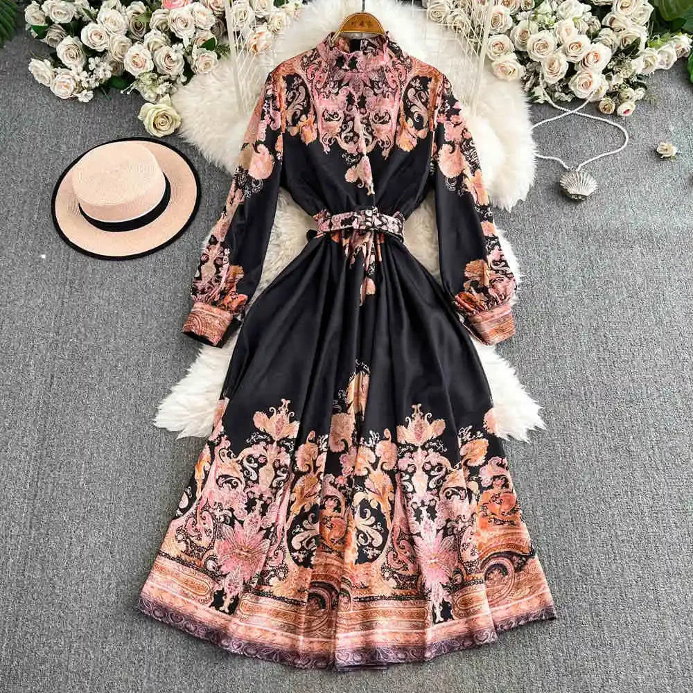 Spring Autumn Retro Palace Style Dress New French Printed Lantern Sleeve Stand Collar A-line Long Dress Femade C110