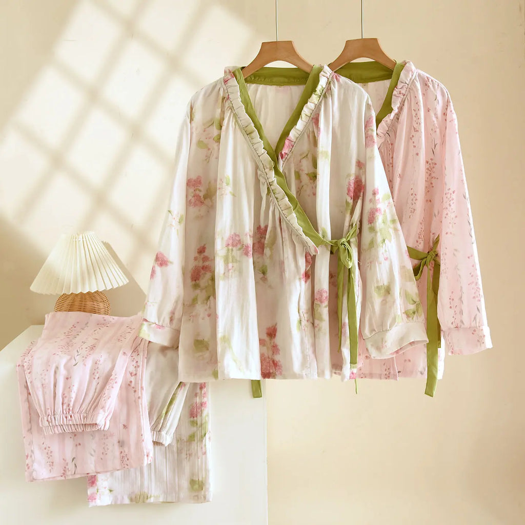 Japanese Kimono Style Pajama Set Women Ruffle V Neck 100% Cotton Crepe Loungewear Breathable Floral Sleepwear for Spring