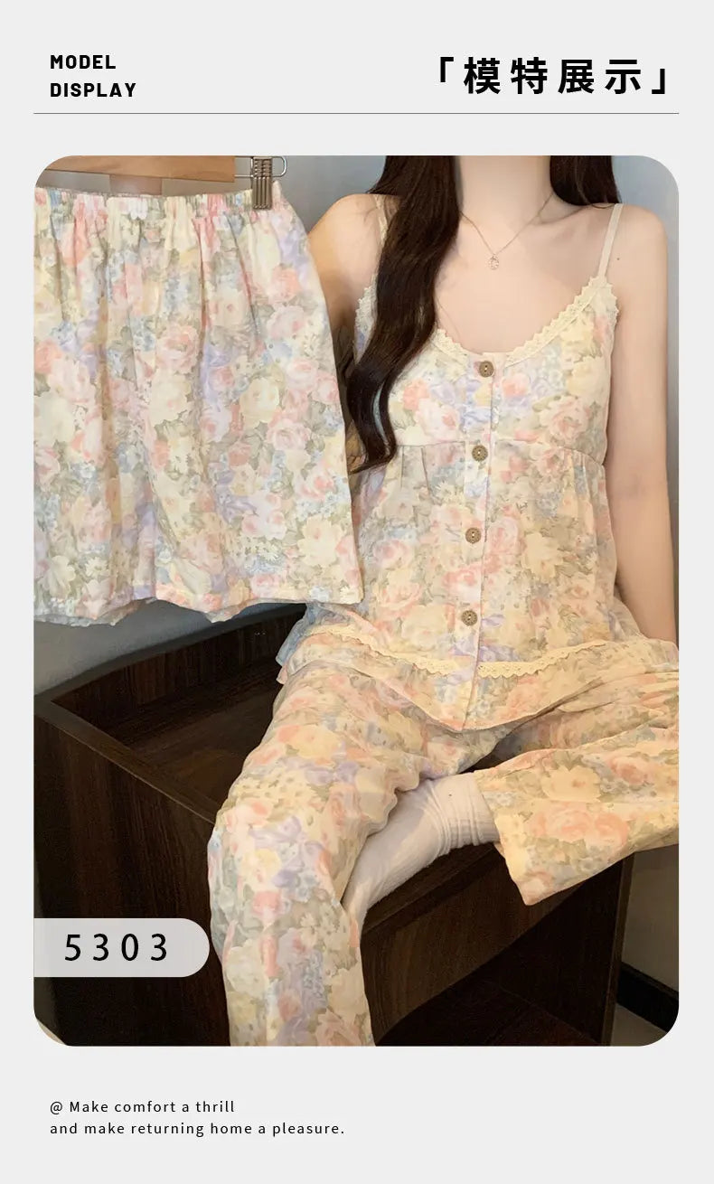 Women's Sleepwear Korean Version Floral Sleepwear Women's Summer Thin Design with Chest Cushion Cloud Cotton Suspender Pants