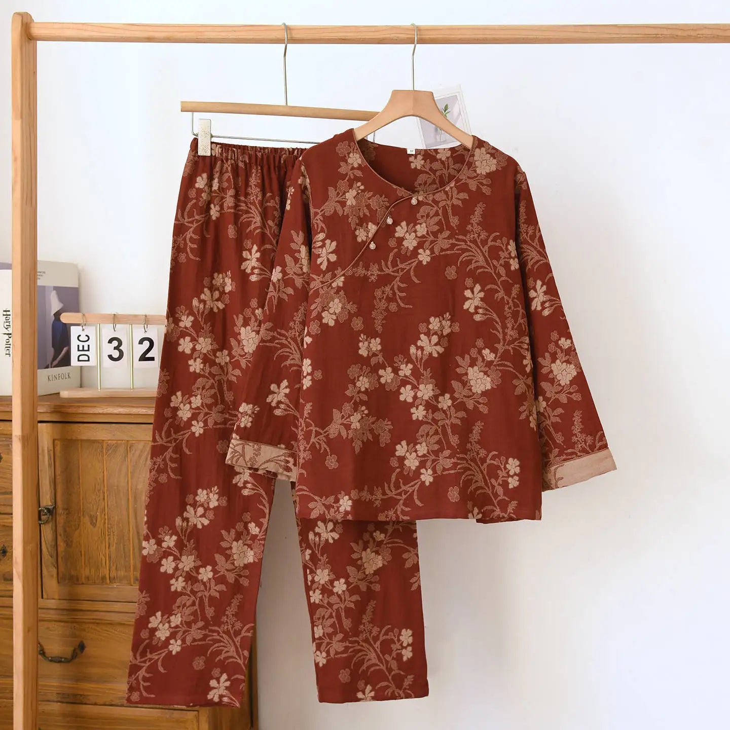 Round Neck Plum Blossom Printing Cotton Color Woven Homewear Women's Pajamas Set National Style Long Sleeve Long Trousers