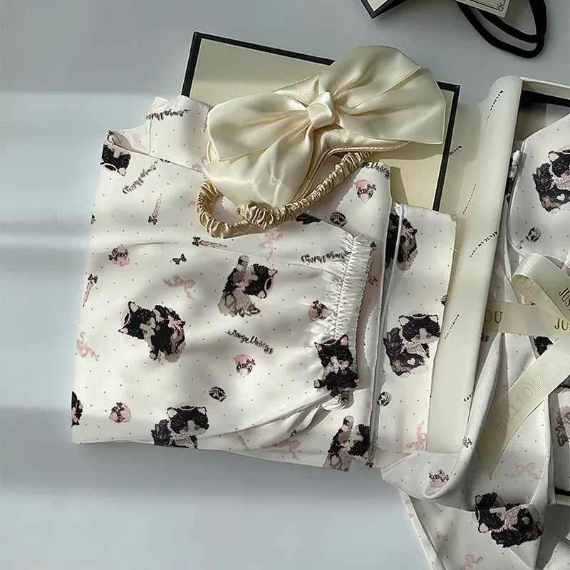 Women's Pajamas Set Fun Cute Print Sleepwear Button Lapel Neck Pajama 2 Piece Suit Pyjama Femme Nightwear Loungewear for Summer