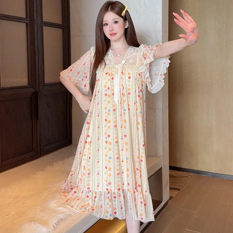 Floral Lace Nightgown with Cheat Pad Korean Women Summer Short Sleeve Pajamas Dress Princess Style Loose Nightdress Loungewear