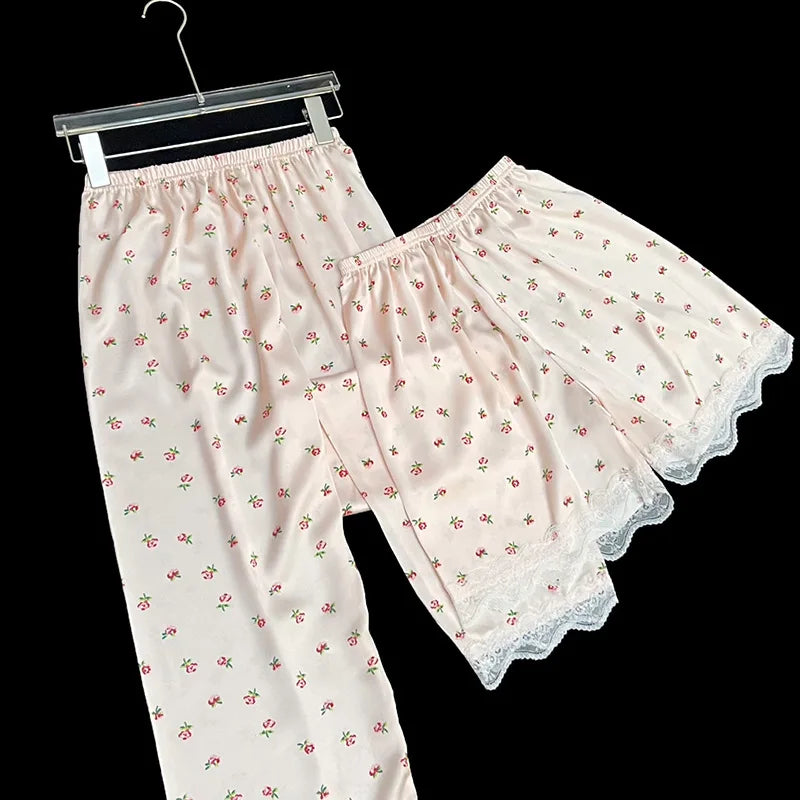 Sweet Floral Ins-Style Ice Silk Pure Desire Girl Pajamas Short-Sleeve Three-Piece Set Summer Satin Lace-Trimmed Loungewear