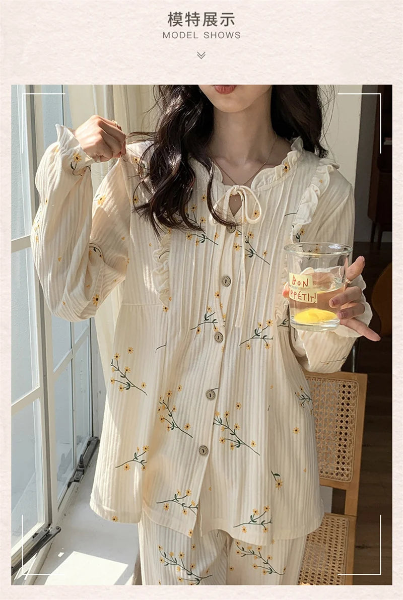 Cotton Women's Pajamas Set Floral Printed Long Sleeve Sleepwear Home Clothes Casual Ladies Nightwear Sleeping Pyjamas Suit