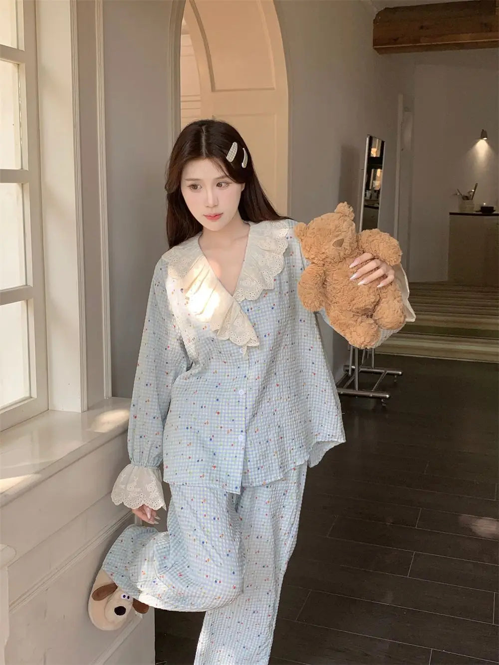 Korean Style Sweet Style Floral Pajamas for Women New Long Sleeve Long Pants Lace Trim Homewear Set Autumn Winter Loungewear Hot