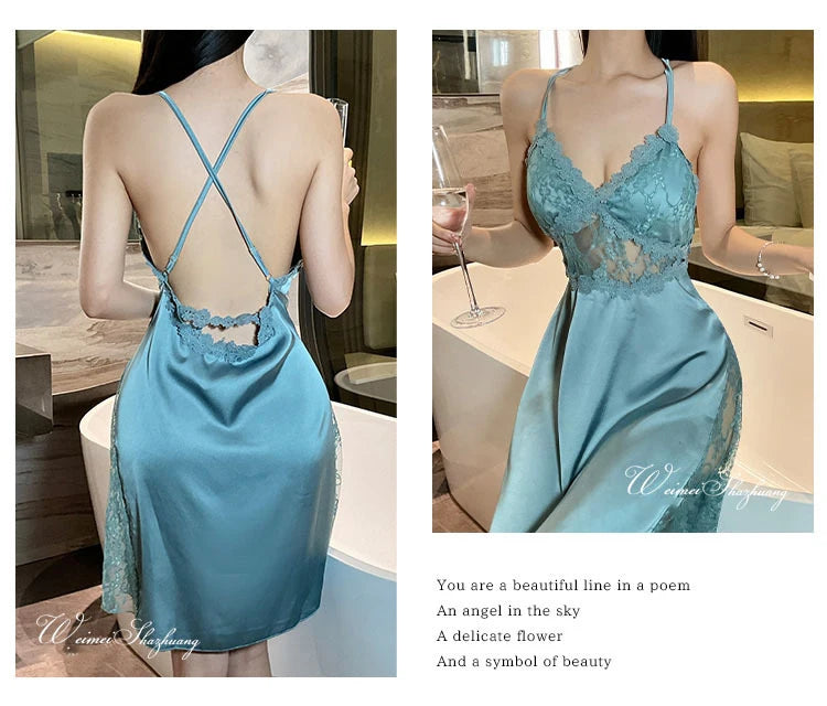 2025 new sexy camisole nightgown women's lace home sleepwear satin deep V backless luxury camisole sleepwear plus size red black