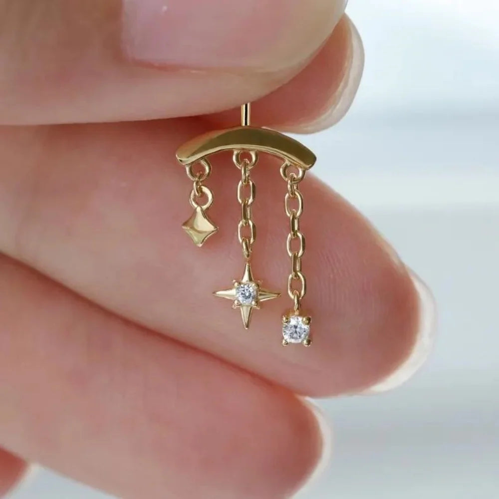 CANNER 1PC 925 Sterling Silver Eight-pointed Star CZ Piercing Earring For Women Ins Tassel Chain Stud Earring Party Fine Jewelry