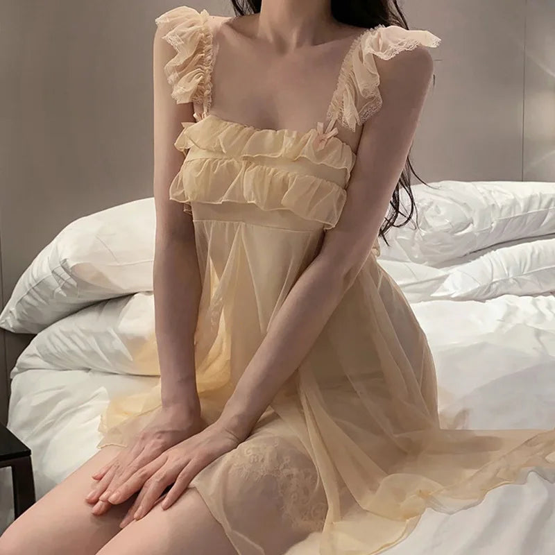 Spring Nightdress Women  Lace Sweet Nightgown Home Dress Pajamas Summer Girl Princess Style Soft Sleepwear Nightwear Outwear