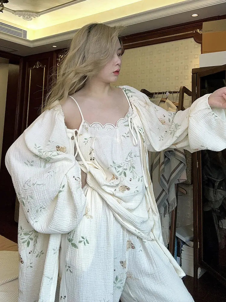 Spring Autumn Women Cotton Pajamas Sets Floral Printed 3Pcs Home Clothing Long Sleeves Spaggehtti Straps Long Pants Loungewear