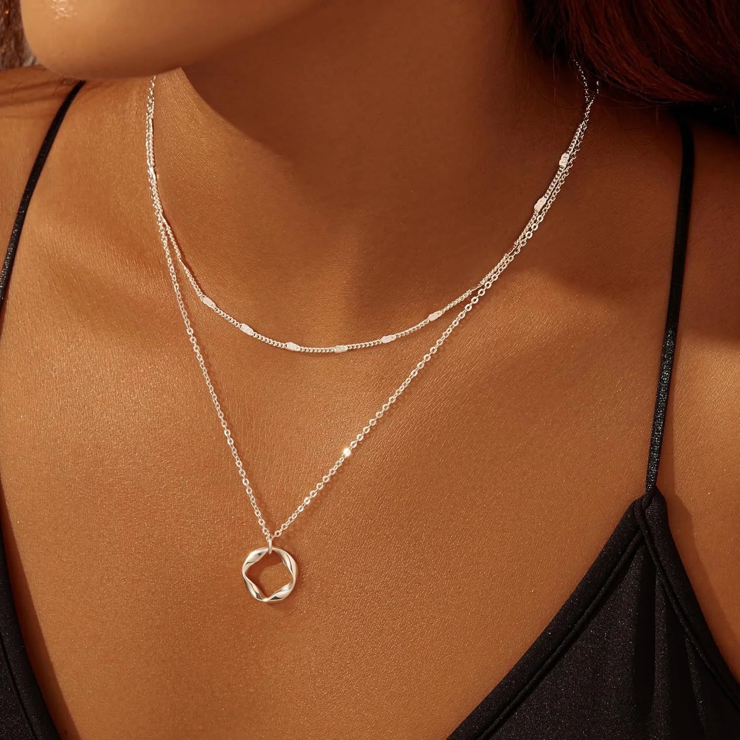 Layered 14K Gold Plated Necklaces for Women Stackable Silver Plated Circle Paperclip Chain Pendant Choker Necklace Set For Woman