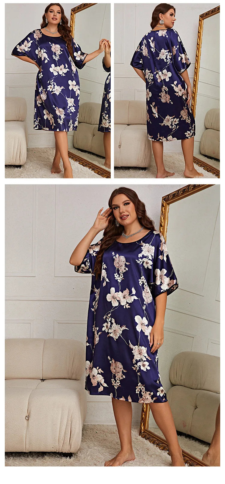 LX New plus size sleepwear, women's mid to long print pullover dress, home wear, silk ice silk nightgown