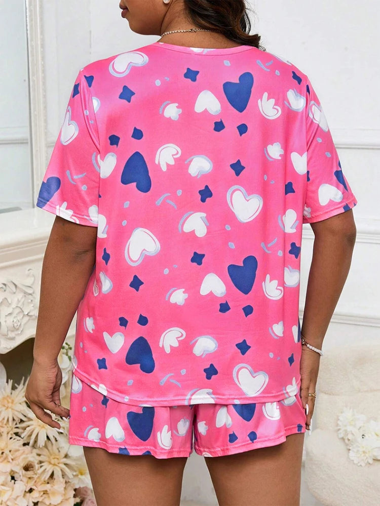 5XL Plus Size Women Pajama Set Print Sleepwear Short Sleeve Top with Shorts Summer Comfy Sleepwear 2 Pieces Loose Home Clothes