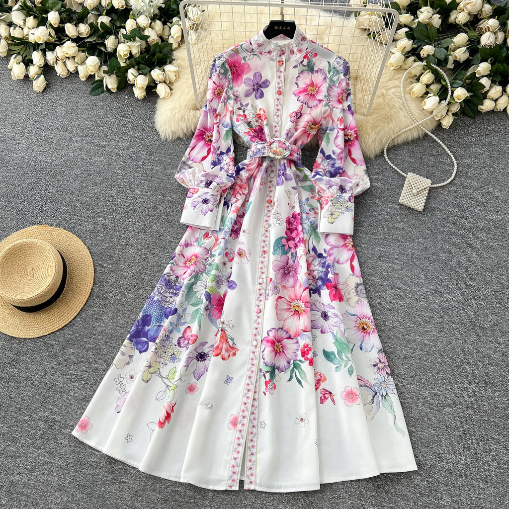 Runway 2025 Spring Summer Floral Print Long Shirt Dress Women's Turtleneck Lantern Sleeve Print Belt Casual Holiday Dress Female