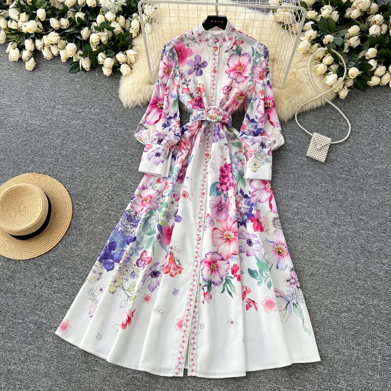 Runway 2025 Spring Summer Floral Print Long Shirt Dress Women's Turtleneck Lantern Sleeve Print Belt Casual Holiday Dress Female