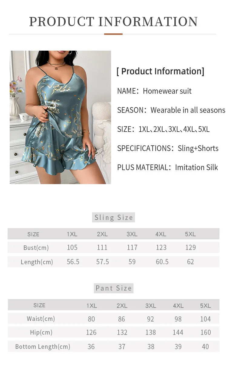 Plus Size Floral Satin Pajama Set Euro Style Two Piece Sleepwear Cooling Silk Like Loungewear for Women Breathable Homewear