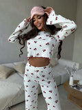 Autumn Winter Pajama Set Women 2pcs Y2K-Style Cherry Print Cuffed-Long-Sleeve Tops and Long Trousers Sleepwear Homewear