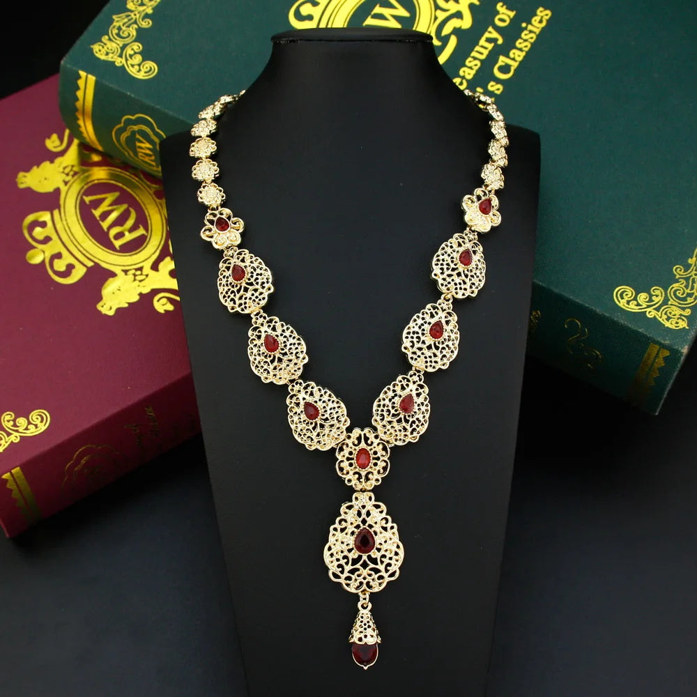 Sunspicems Charm Morocco Choker Necklace For Women Gold Color Droplet Crystal Necklace Hollow Arabesque Bride Wedding Jewelry
