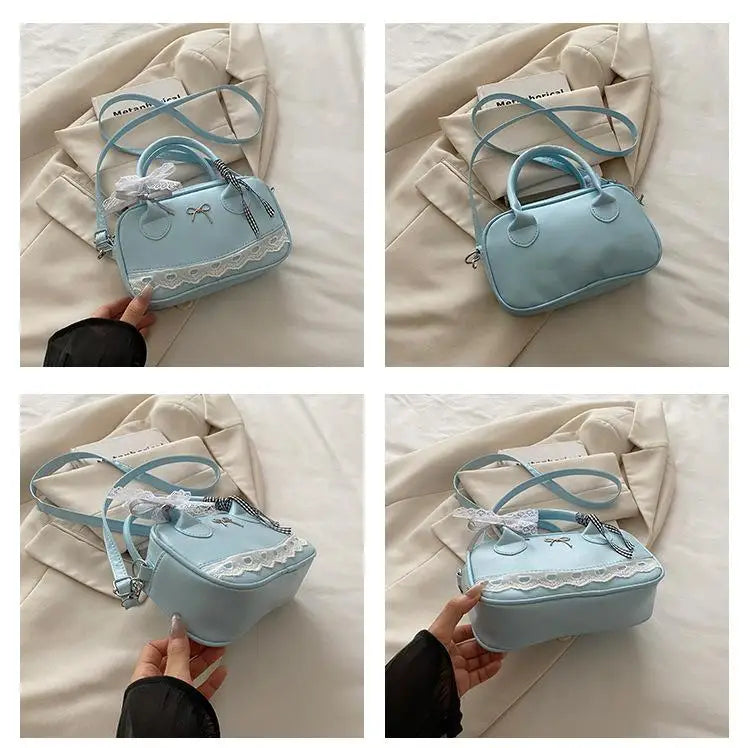 Simple Elegant Handbag Boston Shoulder bag Lace Ribbon Bow Decor Crossbody Bag Small Square Bag Casual Women Bags ﻿