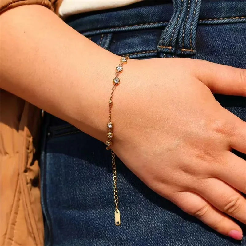 GANEMLY 316L Stainless Steel Round Sparkling Zirconia Bracelet For Women Fashion Fine Wrist Chain Waterproof Jewelry Lady Gift