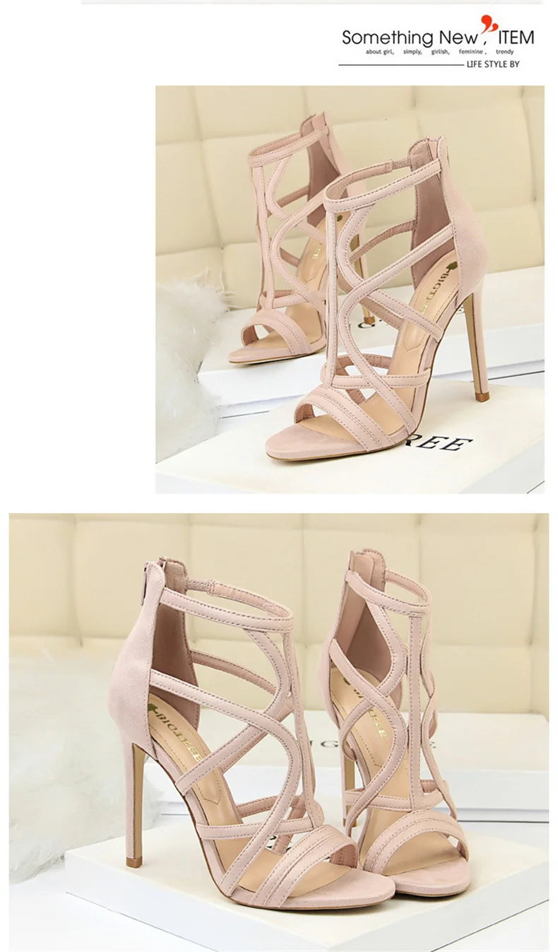 Women Roman style Thin High Heels Pumps Pointed Toe Suede Hollow Strap Party Shoes Solid Solid Ankle Zip Summer Sandals
