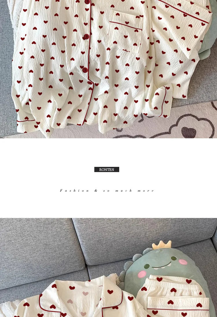 Spring and Autumn New Women's Pajamas Loungewear Set Girl Love Cardigan Pajamas Crinkled Fabric Loungewear Long Sleeve Set