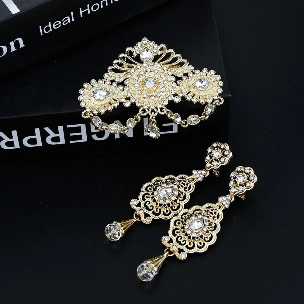 Elegent Arabic Morocco Women Hollow Filigree Brooch Drop Earring Sets Gold Color Bridal Wedding Jewelry Crystal Bijoux