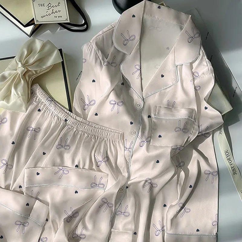 Women's Pajamas Set Fun Cute Print Sleepwear Button Lapel Neck Pajama 2 Piece Suit Pyjama Femme Nightwear Loungewear for Summer